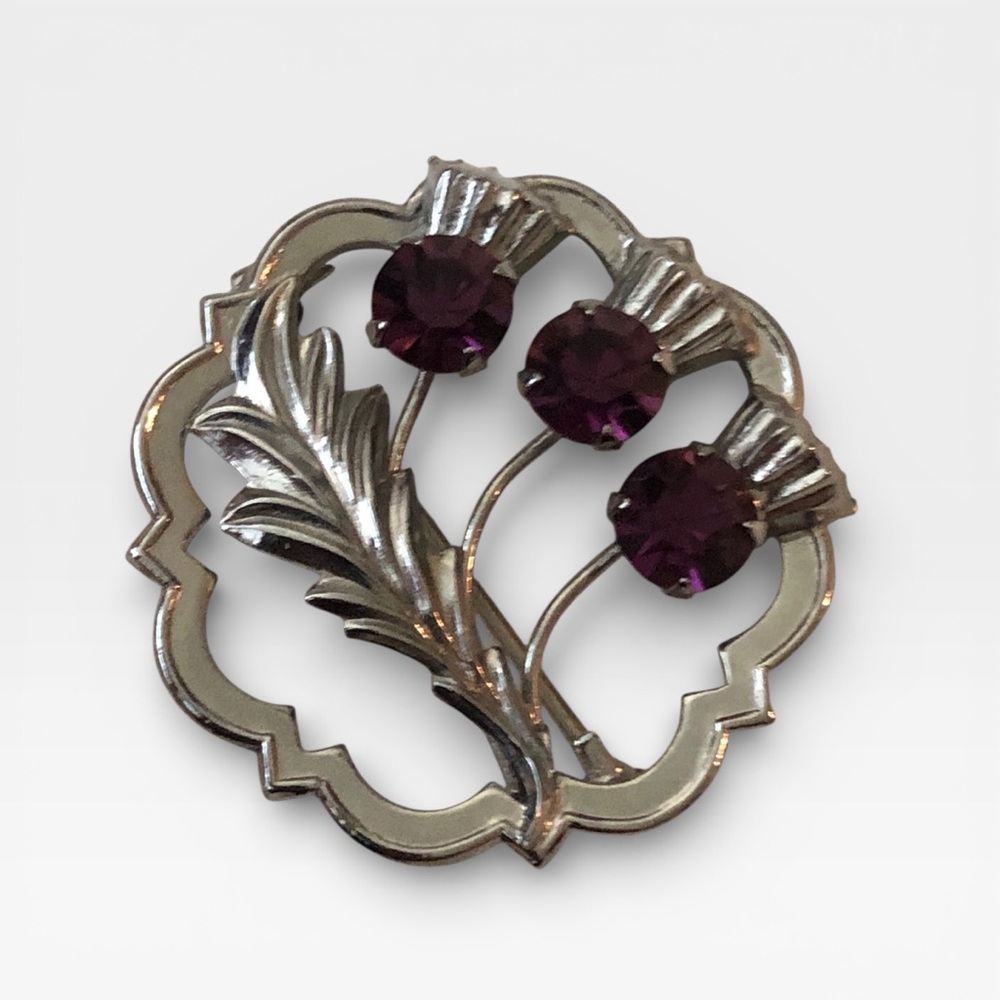 Mizpah Scottish Celtic Purple Rhinestone Thistle Brooch